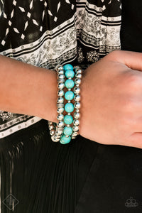 Simply Santa Fe - Sandstone Serendipity - Blue Bracelet - Paparazzi Accessories  A collection of smooth turquoise stones and shiny silver beads are threaded along stretchy bands, creating earthy layers that adorn the wrist.  Sold as one set of three bracelets.