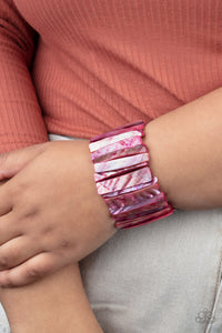 Beach Blast - Red (pink-ish) Brushed in an iridescent shimmer, red shell-like pieces are threaded along stretchy bands around the wrist for a colorful beach look.  Sold as one individual bracelet.