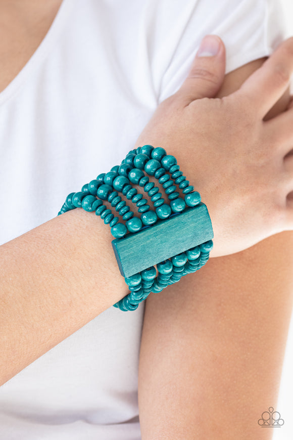 Dont Stop BELIZE-ing - Blue Brushed in a refreshing blue finish, rectangular wooden frames hold together a collection of wooden beads threaded along stretchy bands, coalescing into a summery display around the wrist.  Sold as one individual bracelet.