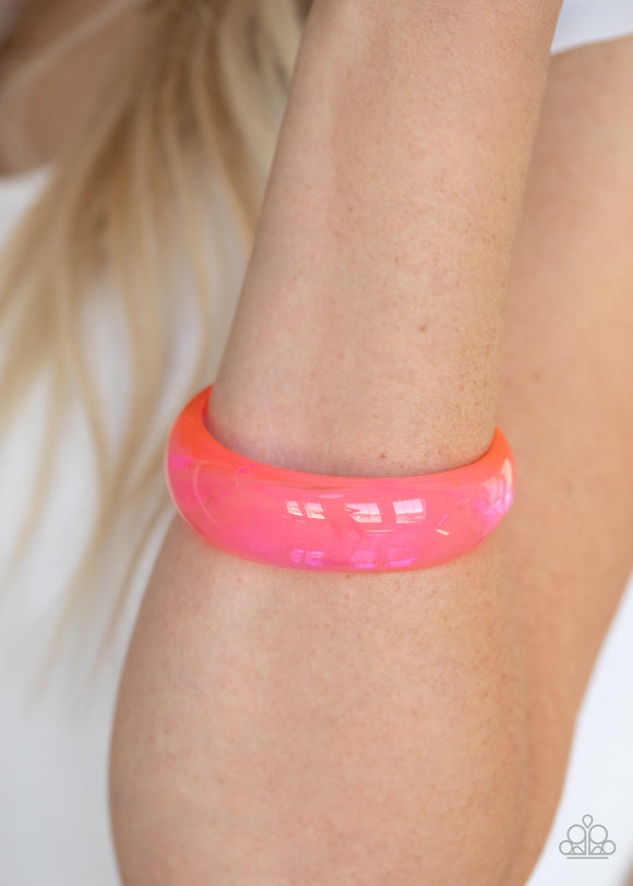 Major Material Girl - Pink - Paparazzi Accessories - A neon pink acrylic bangle slides along the wrist for a colorfully retro flair. The shiny bangle gradually widens at the top for a fabulous finish.  Sold as one individual bracelet.