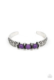 Mojave Glyphs - Purple - Paparazzi Accessories -  Item #P9SE-PRXX-112XX A trio of vivacious purple stones are encrusted along the center of a dainty silver studded cuff stamped in tribal inspired details for a seasonal flair.  Sold as one individual bracelet.