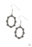 Rosy Royal - Silver/Smokey - Paparazzi Accessories -  #P5DA-SVXX-069XX  Dainty smoky rhinestones alternate with silver rosebud frames, coalescing into a whimsical floral frame. Earring attaches to a standard fishhook fitting.  Sold as one pair of earrings at DeesBlings.com - Affordable Fashion Jewelry that is Lead and Nickel free.