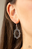 Rosy Royal - Silver/Smokey - Paparazzi Accessories -  #P5DA-SVXX-069XX  Dainty smoky rhinestones alternate with silver rosebud frames, coalescing into a whimsical floral frame. Earring attaches to a standard fishhook fitting.  Sold as one pair of earrings at DeesBlings.com - Affordable Fashion Jewelry that is Lead and Nickel free.