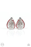 Garden Date - Clip-On - Red - Paparazzi Accessories -   Trimmed in fiery red rhinestones, vine-like filigree climbs a dainty silver teardrop for a whimsical look. Earring attaches to a standard clip-on fitting.  Sold as one pair of clip-on earrings by DeesBlings.com - Affordable Fashion Jewelry that is Lead and Nickel free.