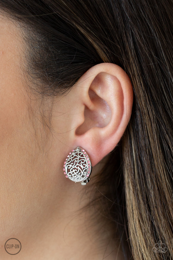 Garden Date - Pink - CLIP-ON- Paparazzi Accessories -   #P5CO-PKXX-024XX  Trimmed in glassy pink rhinestones, vine-like filigree climbs a dainty silver teardrop for a whimsical look. Earring attaches to a standard clip-on fitting.  Sold as one pair of clip-on earrings by DeesBlings.com - Affordable Fashion Jewelry that is Lead and Nickel free.