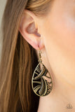 Underestimated - Brass - Paparazzi Accessories -  P5SE-BRXX-071XX  A collection of smooth, textured, and topaz rhinestone encrusted frames collide inside an airy brass teardrop for an unexpected shimmer. Earring attaches to a standard fishhook fitting.  Sold as one pair of earrings by DeesBlings.com - Affordable Fashion Jewelry that is Lead and Nickel free.
