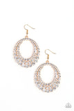 Universal Shimmer - Gold - Paparazzi Accessories -  P5RE-GDXX-184XX  Rings of glittery white rhinestones collect into a blinding frame in a dramatically glamorous fashion. Earring attaches to a standard fishhook fitting.  Sold as one pair of earrings by DeesBlings.com - Affordable Fashion Jewelry that is Lead and Nickel free.