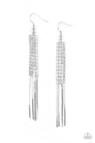 Rhinestone Romance - White - Paparazzi Accessories -  P5RE-WTXX-441XX  Strands of glittery white rhinestones gradually fade into ornate silver chains, creating a glamorous chandelier. Earring attaches to a standard fishhook fitting.  Sold as one pair of earrings by DeesBlings.com - Affordable Fashion Jewelry that is Lead and Nickel free.