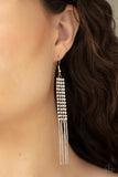 Rhinestone Romance - White - Paparazzi Accessories -  P5RE-WTXX-441XX  Strands of glittery white rhinestones gradually fade into ornate silver chains, creating a glamorous chandelier. Earring attaches to a standard fishhook fitting.  Sold as one pair of earrings by DeesBlings.com - Affordable Fashion Jewelry that is Lead and Nickel free.