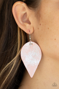 Enchanted Shimmer - Pink - Paparazzi Accessories  Dusted in a silvery shimmer, a leathery Coral Pink leaf swings from the ear for an enchanted look. Earring attaches to a standard fishhook fitting.  Sold as one pair of earrings.