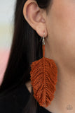 Hanging by a Thread - Brown Featuring an earthy brown hue reminiscent of terracotta, a loop of thread gives way to a leafy brown fringe, creating a statement-making texture. Earring attaches to a standard fishhook fitting.  Sold as one pair of earrings.