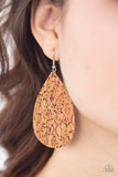 PAPARAZZI ACCESSORIES - CORK It Over - Pink Flecked in metallic pink accents, a cork-like teardrop frame swings from the ear for a seasonal look. Earring attaches to a standard fishhook fitting.  Sold as one pair of earrings.