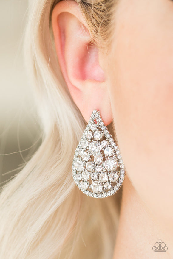 PAPARAZZI ACCESSORIES - REIGN-Storm - White Radiating with glassy white rhinestones, oversized silver teardrops adorn the ear for a dramatic flair. Earring attaches to a standard post fitting.  Sold as one pair of post earrings.