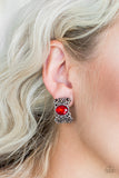 Glamorously Grand Duchess - Red CLIP-ON - Paparazzi Accessories - P5CO-RDXX-009XX  Brushed in an antiqued shimmer, vine-like filigree climbs into a glistening silver hoop. A glittery red rhinestone is pressed into the top of the frame for a regal finish. Earring attaches to a standard clip-on fitting.  Sold as one pair of clip-on earrings by DeesBlings.com - Affordable Fashion Jewelry that is Lead and Nickel free.