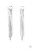 Level Up - White - Paparazzi Accessories - Item #P5PO-WTXX-165XX Flat silver chains stream from the bottom of a solitaire white gem, creating a dramatically tapered fringe. Earring attaches to a standard post fitting.  Sold as one pair of post earrings.