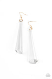 Break The Ice - Gold - Paparazzi Accessories - Item #P5ST-GDXX-011XX Featuring an asymmetrical cone shape, a faceted elongated crystal-like frame swings from the ear for a jaw-dropping look. Earring attaches to a standard fishhook fitting.  Sold as one pair of earrings.