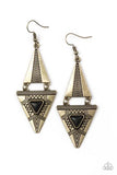 El Paso Edge - Brass - Paparazzi Accessories - P5SE-BRXX-050XX  Stamped in tribal inspired patterns, two triangular frames connect into a bold lure. Chiseled into a matching triangle, an earthy black stone is pressed into the bottom frame for a seasonal finish. Earring attaches to a standard fishhook fitting.  Sold as one pair of earrings.