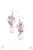 Before and AFTERGLOW - Pink - Paparazzi Accessories - Item #P5WH-PKXX-187WD An array of faceted pink crystal-like beads and shiny silver beads trickles along a lengthened silver chain, giving way to a matching pink crystal-like teardrop for a dramatic chandelier effect. Earring attaches to a standard fishhook fitting.  Sold as one pair of earrings.  October 2020 Fashion Fix