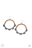 Tambourine Trend - Brown - Paparazzi Accessories - Item #P5SE-BNXX-130WB .Studded silver ruffles fan out from the bottom of an airy silver hoop that has been wrapped in brown suede as an earthy accent. Earring attaches to a standard fishhook fitting.  Sold as one pair of earrings.  September 2020 Fashion Fix