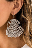 All About Macramé - Silver (Gray) - Paparazzi Accessories -  Faded gray thread is decoratively knotted around a silver hoop, creating a statement making fringe. Earring attaches to a standard fishhook fitting.  Sold as one pair of earrings.