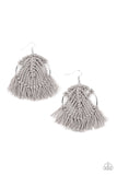 All About Macramé - Silver (Gray) - Paparazzi Accessories -  Faded gray thread is decoratively knotted around a silver hoop, creating a statement making fringe. Earring attaches to a standard fishhook fitting.  Sold as one pair of earrings.