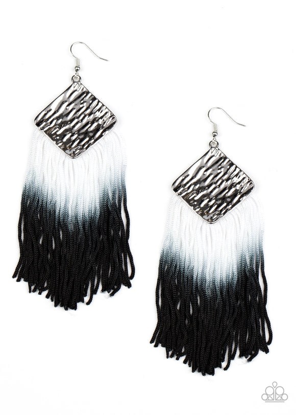 DIP The Scales - Black - Paparazzi Accessories Item #P5SE-BKXX-182XX Fading from white to black, shiny thread dances from the bottom of a hammered silver frame, creating a flirtatious fringe. Earring attaches to a standard fishhook fitting.  Sold as one pair of earrings.