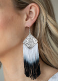 DIP The Scales - Black - Paparazzi Accessories Item #P5SE-BKXX-182XX Fading from white to black, shiny thread dances from the bottom of a hammered silver frame, creating a flirtatious fringe. Earring attaches to a standard fishhook fitting.  Sold as one pair of earrings.