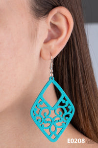 VINE For The Taking - Blue -   Item #P5SE-BLXX-246XX Brushed in a refreshing blue finish, wooden vine-like filigree climbs an airy kite-shaped frame for a seasonal vibe. Earring attaches to a standard fishhook fitting.  Sold as one pair of earrings.