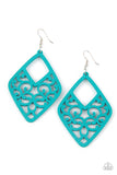 VINE For The Taking - Blue -   Item #P5SE-BLXX-246XX Brushed in a refreshing blue finish, wooden vine-like filigree climbs an airy kite-shaped frame for a seasonal vibe. Earring attaches to a standard fishhook fitting.  Sold as one pair of earrings.