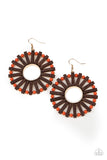 Solar Flare - Orange - Paparazzi Accessories -  Item #P5ST-OGXX-012XX Separated by dainty Amberglow beads, a series of wooden rectangular frames fan out from a golden ringed center for an earthy flair. Earring attaches to a standard fishhook fitting.  Sold as one pair of earrings.