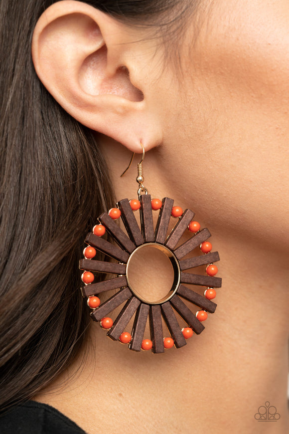 Solar Flare - Orange - Paparazzi Accessories -  Item #P5ST-OGXX-012XX Separated by dainty Amberglow beads, a series of wooden rectangular frames fan out from a golden ringed center for an earthy flair. Earring attaches to a standard fishhook fitting.  Sold as one pair of earrings.