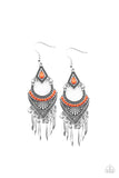 Trailblazer Beam - Orange - Paparazzi Accessories -  Item #P5TR-OGXX-065XX Featuring Amberglow beaded accents, mismatched studded and geometrically embossed silver frames give way to a fringe of flared silver bars for an edgy finish. Earring attaches to a standard fishhook fitting.  Sold as one pair of earrings.