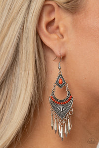 Trailblazer Beam - Orange - Paparazzi Accessories -  Item #P5TR-OGXX-065XX Featuring Amberglow beaded accents, mismatched studded and geometrically embossed silver frames give way to a fringe of flared silver bars for an edgy finish. Earring attaches to a standard fishhook fitting.  Sold as one pair of earrings.