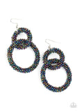 Luck BEAD a Lady - Multi - Paparazzi Accessories -  Item #P5ST-MTXX-035XX A dainty collection of iridescent oil spill seed beads adorns two interlocking hoops, creating a colorfully stacked lure. Earring attaches to a standard fishhook fitting.  Sold as one pair of earrings.