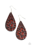 Beach Garden - Brown - Paparazzi Accessories -  Item #P5SE-BNXX-126XX Embossed in a leafy floral pattern, an earthy brown leather teardrop swings from the ear for a whimsical look. Earring attaches to a standard fishhook fitting.  Sold as one pair of earrings.