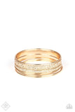 A Full Circle - Gold - Paparazzi Accessories -  Brushed in a high-sheen shimmer, a collection of smooth and heavily textured gold bangles slides up and down the wrist for an edgy stacked look.