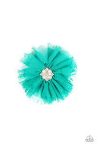 Flowering Fringe - Green - Paparazzi Accessories -  Featuring distressed edges, a flowy green chiffon blossom is dotted with a pearl and rhinestone encrusted centerpiece for a refined flair. Features a standard hair clip on the back.  Sold as one individual hair clip.