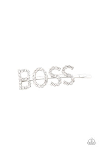 Yas Boss! - White - Paparazzi Accessories - Encrusted in glassy white rhinestones, glistening silver letters spell out the word, "BOSS," across the front of a silver bobby pin for a glamorous look.  Sold as one individual decorative bobby pin.