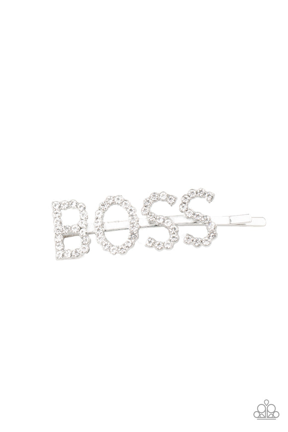 Yas Boss! - White - Paparazzi Accessories - Encrusted in glassy white rhinestones, glistening silver letters spell out the word, 