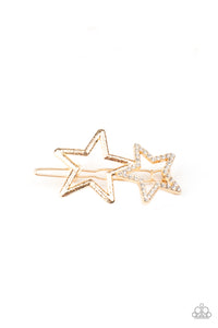 Lets Get This Party STAR-ted! - Gold - Paparazzi Accessories - A white rhinestone encrusted star and hammered gold star join into a star-studded centerpiece for a stellar fashion. Features a clamp barrette closure.  Sold as one individual hair clip.