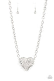 Heartbreakingly Blingy - White - Paparazzi Accessories -  A dramatically oversized silver heart frame is encrusted in row after row of dazzling white rhinestones, resulting in heart-racing sparkle below the collar. Features an adjustable clasp closure.  Sold as one individual necklace. Includes one pair of matching earrings.  Life of the Party - Jan 2022