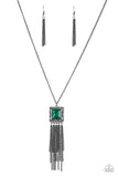 Shimmer Sensei - Green - Paparazzi Accessories -  P2ED-GRXX-038XX  Swinging from the bottom of a lengthened gunmetal chain, a delicately hammered square frame gives way to a shimmery gunmetal fringe. Featuring a regal square cut, a glittery green gem is pressed into the center of the pendant for an edgy look. Features an adjustable clasp closure.  Sold as one individual necklace. Includes one pair of matching earrings.