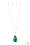 Maven Magic - Green - Paparazzi Accessories -  A dramatically oversized green gem and edgy silver frame swing from a glassy white rhinestone fitting at the bottom of a lengthened silver chain for a glamorous look. Features an adjustable clasp closure.  Sold as one individual necklace. Includes one pair of matching earrings.