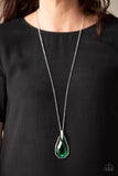 Maven Magic - Green - Paparazzi Accessories -  A dramatically oversized green gem and edgy silver frame swing from a glassy white rhinestone fitting at the bottom of a lengthened silver chain for a glamorous look. Features an adjustable clasp closure.  Sold as one individual necklace. Includes one pair of matching earrings.