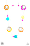 Kaleidoscopically Captivating - Multi - Paparazzi Accessories -  Chunky brightly-colored rings and discs with swirly marble finishes join thick metal hoops to climb a simple silver chain and create a retro-inspired feel. Features an adjustable clasp closure.  Sold as one individual necklace. Includes one pair of matching earrings.