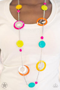 Kaleidoscopically Captivating - Multi - Paparazzi Accessories -  Chunky brightly-colored rings and discs with swirly marble finishes join thick metal hoops to climb a simple silver chain and create a retro-inspired feel. Features an adjustable clasp closure.  Sold as one individual necklace. Includes one pair of matching earrings.