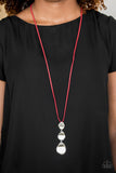 Embrace The Journey - Red - Paparazzi Accessories  Delicately hammered in a glistening shimmer, asymmetrical silver frames link at the bottom of a lengthened red suede strand for a bold artisanal look. Features an adjustable clasp closure.  Sold as one individual necklace. Includes one pair of matching earrings.