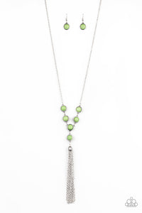 Rural Heiress - Green - Paparazzi Accessories  Refreshing green stone frames link at the bottom of a lengthened silver chain, giving way to a shimmery silver chain tassel for a wanderlust finish. Features an adjustable clasp closure.  Sold as one individual necklace. Includes one pair of matching earrings.