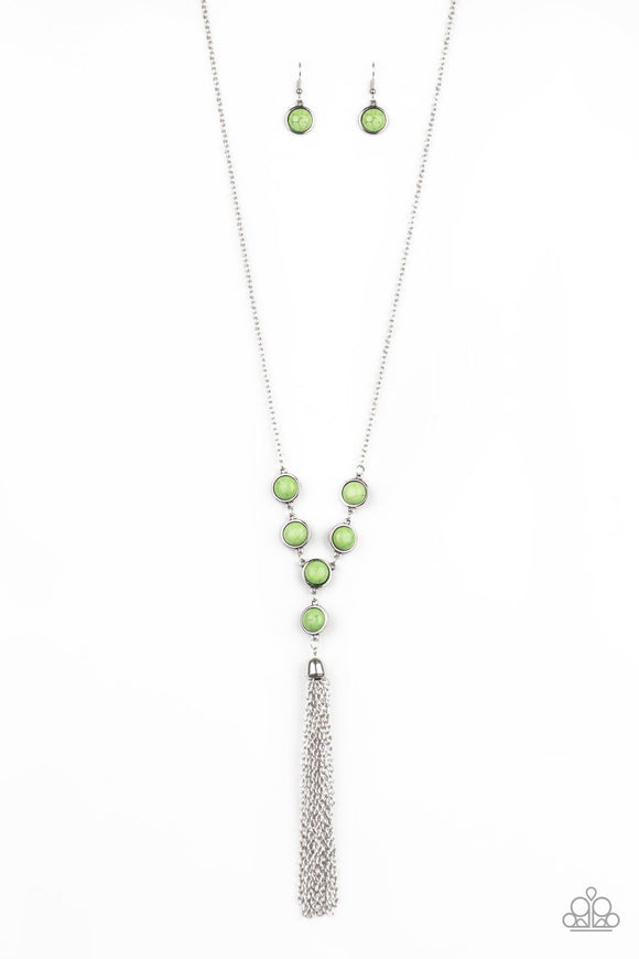 Rural Heiress - Green - Paparazzi Accessories  Refreshing green stone frames link at the bottom of a lengthened silver chain, giving way to a shimmery silver chain tassel for a wanderlust finish. Features an adjustable clasp closure.  Sold as one individual necklace. Includes one pair of matching earrings.