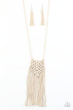 Macrame Mantra - White - Paparazzi Accessories  Soft twine-like cording decoratively knots into a macramé inspired pendant at the bottom of lengthened strands of twisted cording. Featuring frayed ends, excess cording streams from the bottom of the knotted centerpiece, creating an earthy fringe. Features an adjustable sliding knot closure.  Sold as one individual necklace. Includes one pair of matching earrings.